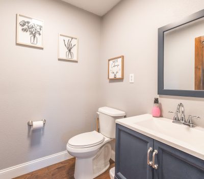 A small bathroom with light gray walls, a white toilet, a dark blue vanity with a white sink, a rectangular mirror, soap dispenser, wall art, toilet paper holder, and wood flooring.