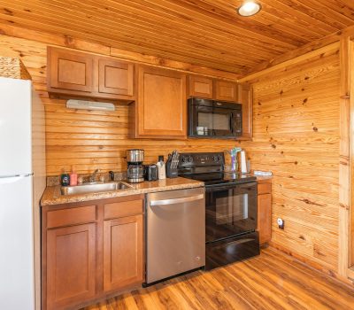 A small kitchen with wooden walls and cabinets, a white refrigerator, black stove and microwave, stainless steel dishwasher, countertop appliances, and a doorway leading to another wood-paneled room.