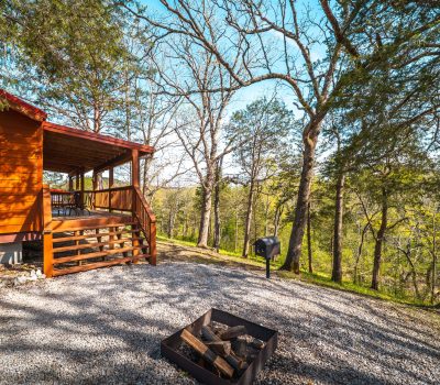 A wooden cabin with a covered porch sits among tall trees. In the foreground, there is a fire pit with logs and a grill nearby on a gravel area, surrounded by greenery and forest.