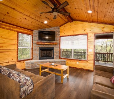 Cozy living room with wood-paneled walls and ceiling, stone fireplace with TV above, two sofas, a wooden coffee table, and large windows showing trees outside. Door opens to a deck with a wooded view.