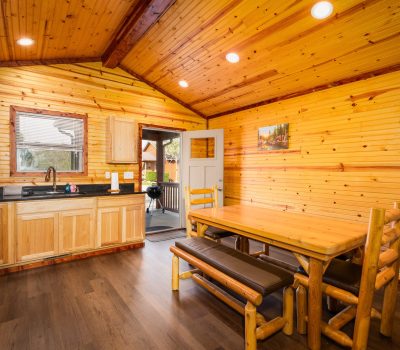 A cozy cabin kitchen and dining area with wood-paneled walls and ceiling, wooden table and chairs, stainless steel appliances, and a clock on the wall. Sunlight streams through a window and an open door to the outside.