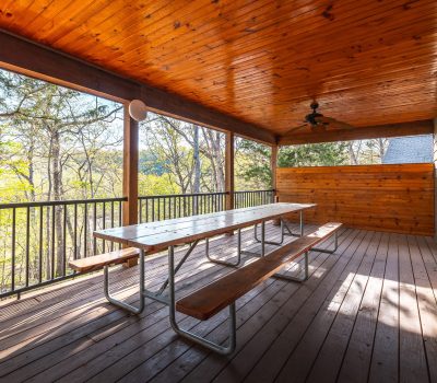 Covered wooden porch with a long picnic table and benches, surrounded by trees and nature, featuring a wood-paneled ceiling, ceiling fan, and black metal railing along the deck.