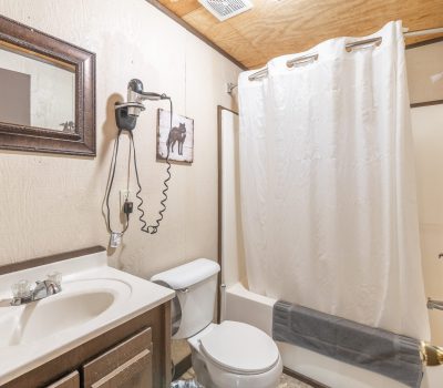 A small bathroom with a sink and mirror on the left, a wall-mounted hairdryer, a toilet, and a bathtub with a white shower curtain. A gray towel hangs on the tub, and a photo decorates the wall.